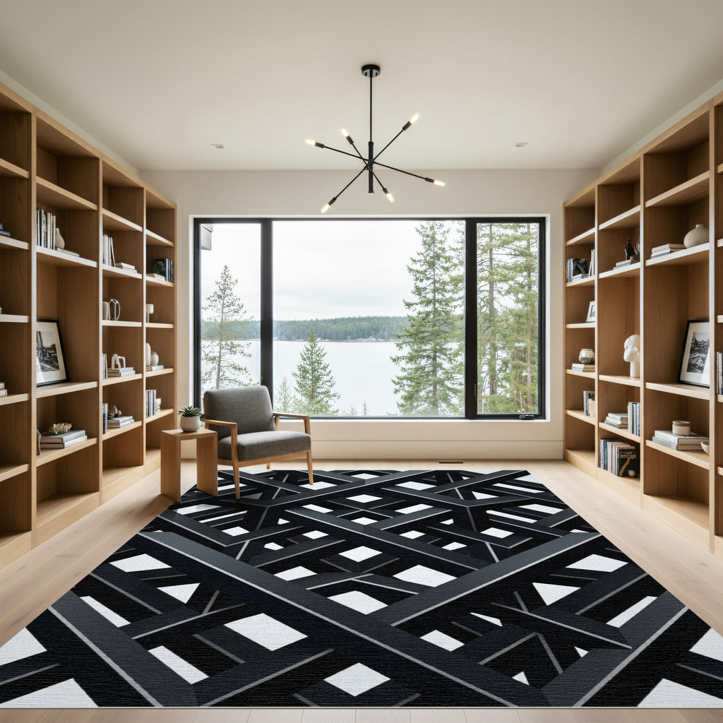 Monochrome Layered Geometric Overlay Rug