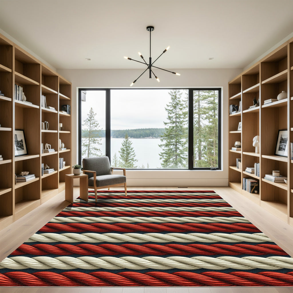 Nautical Ivory Red Rope Stripes Rug