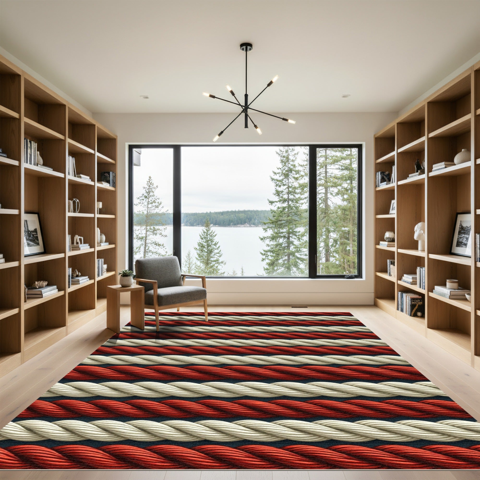 Nautical Ivory Red Rope Stripes Rug