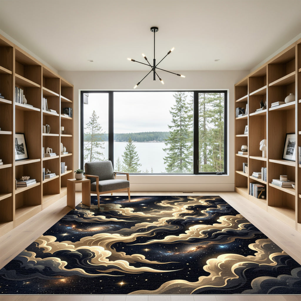Celestial Golden Nebula Swirl Galaxy Rug