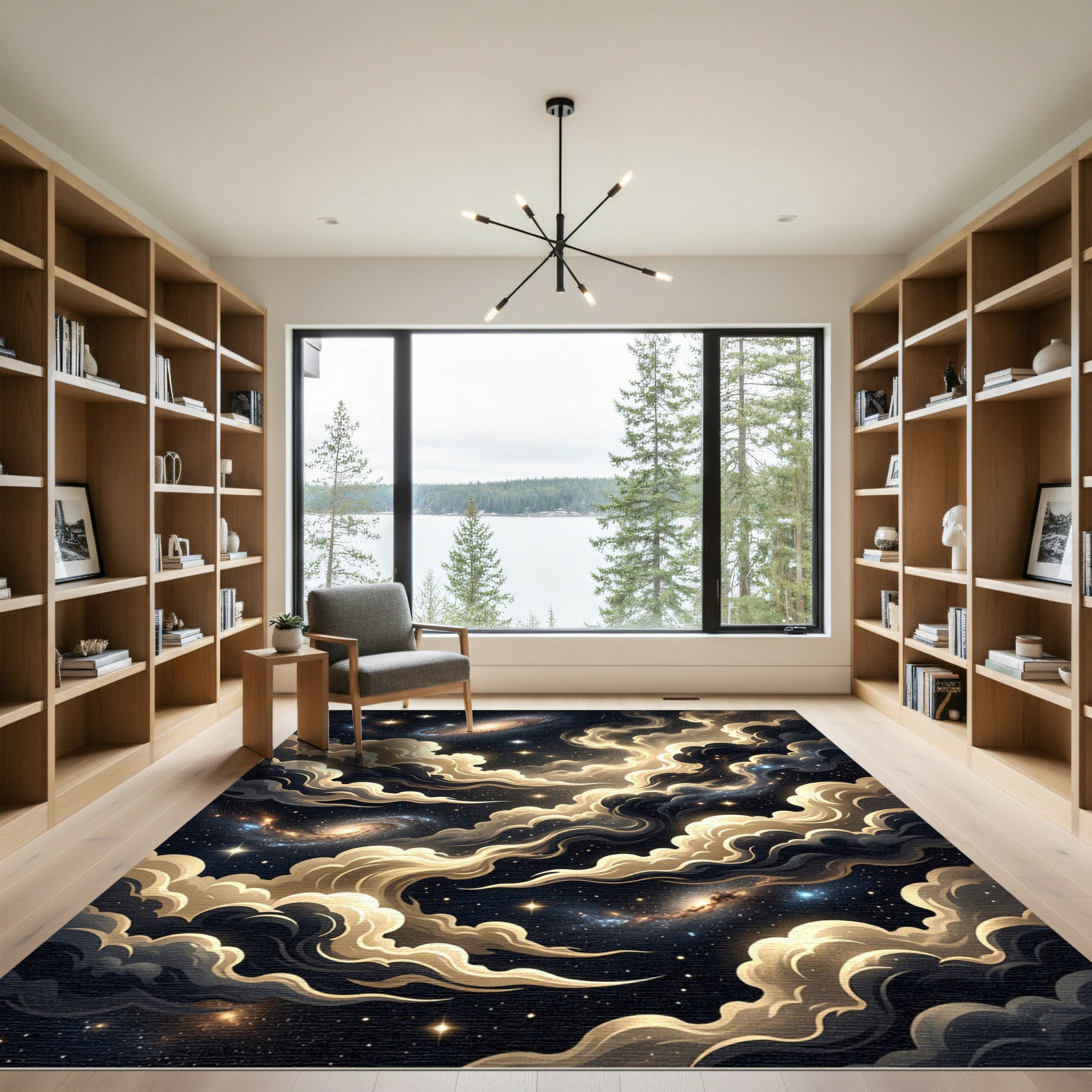 Celestial Golden Nebula Swirl Galaxy Rug