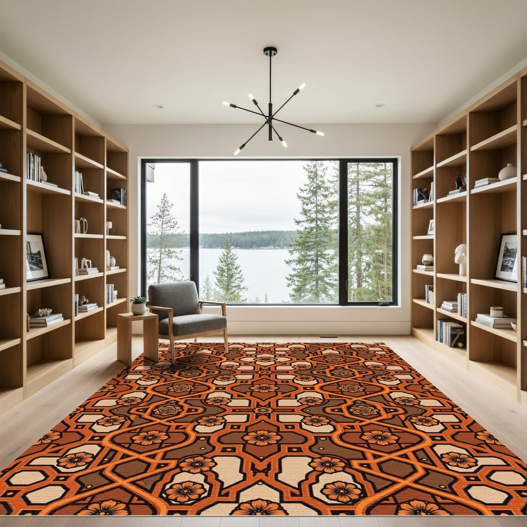 Copper Terracotta Floral Geometric Tapestry Rug
