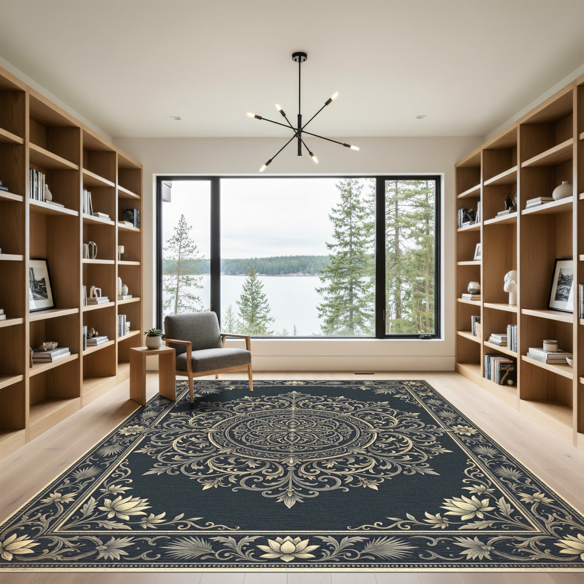 Ornate Gold Filigree Charcoal Medallion Rug
