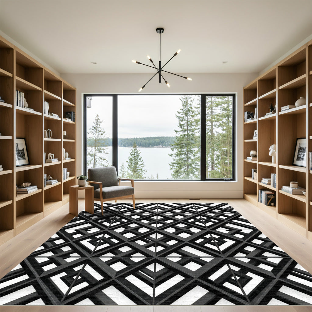 Monochrome Interlocking Geometric Lattice Rug