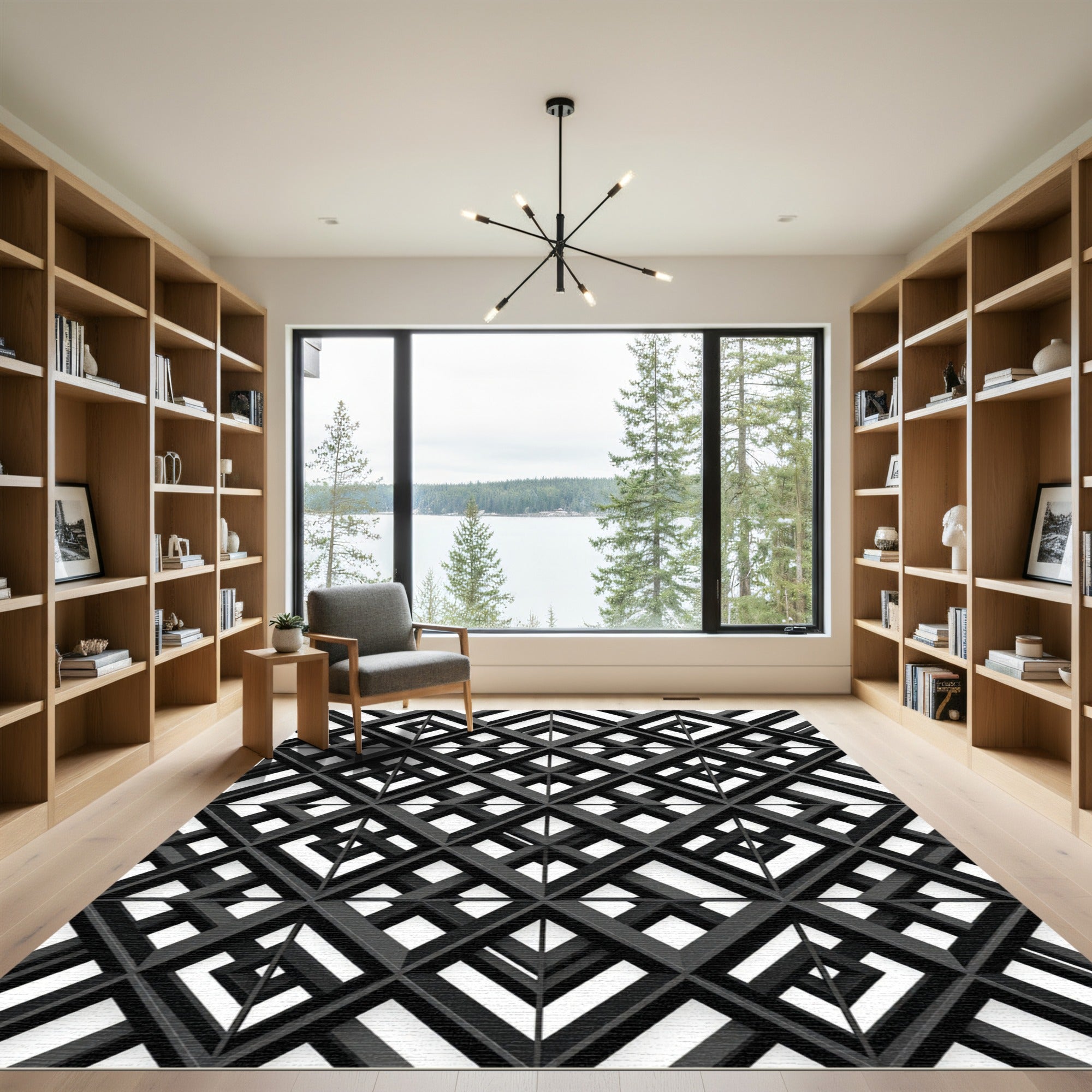 Monochrome Interlocking Geometric Lattice Rug
