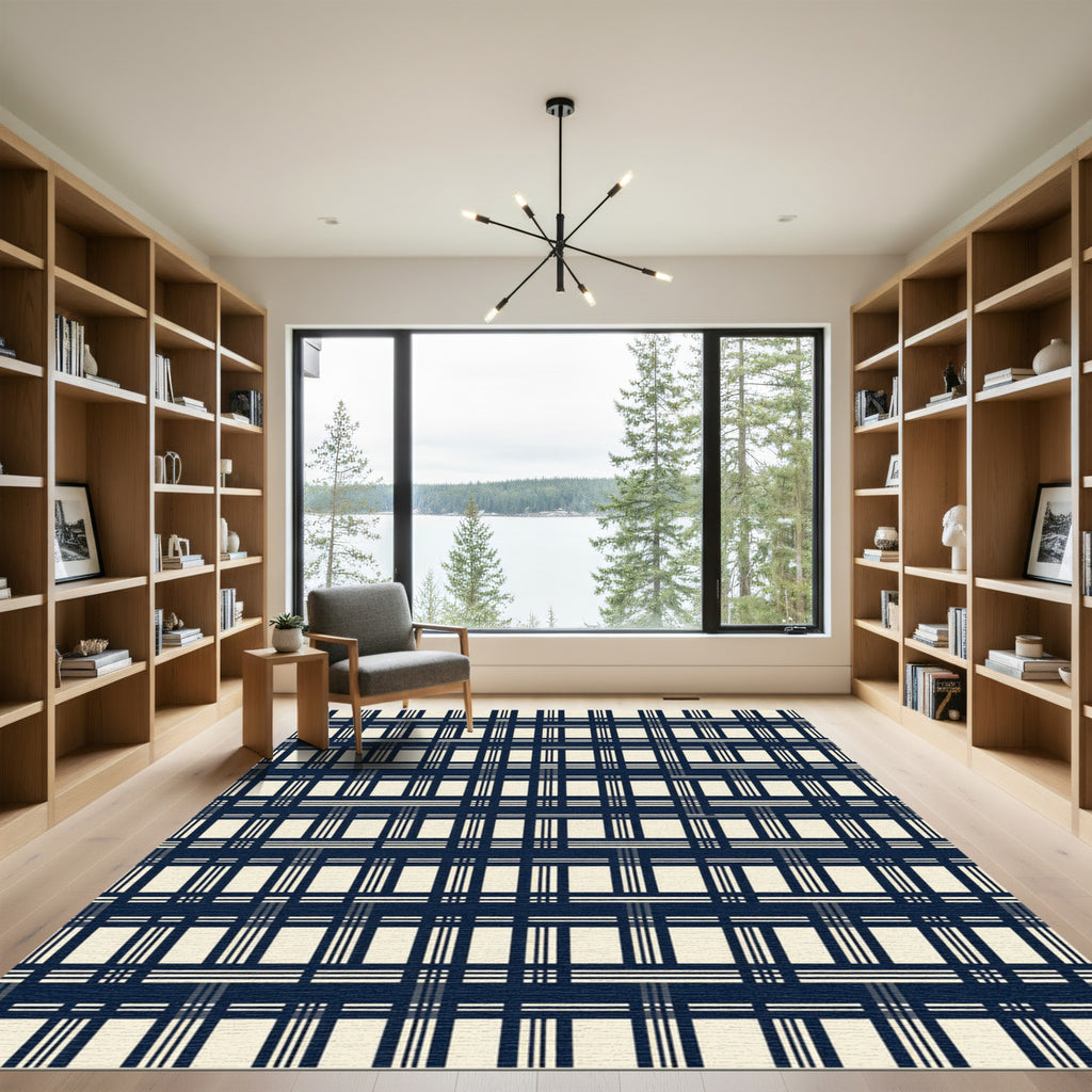 Dark Navy Cream Grid Checkered Weave Rug