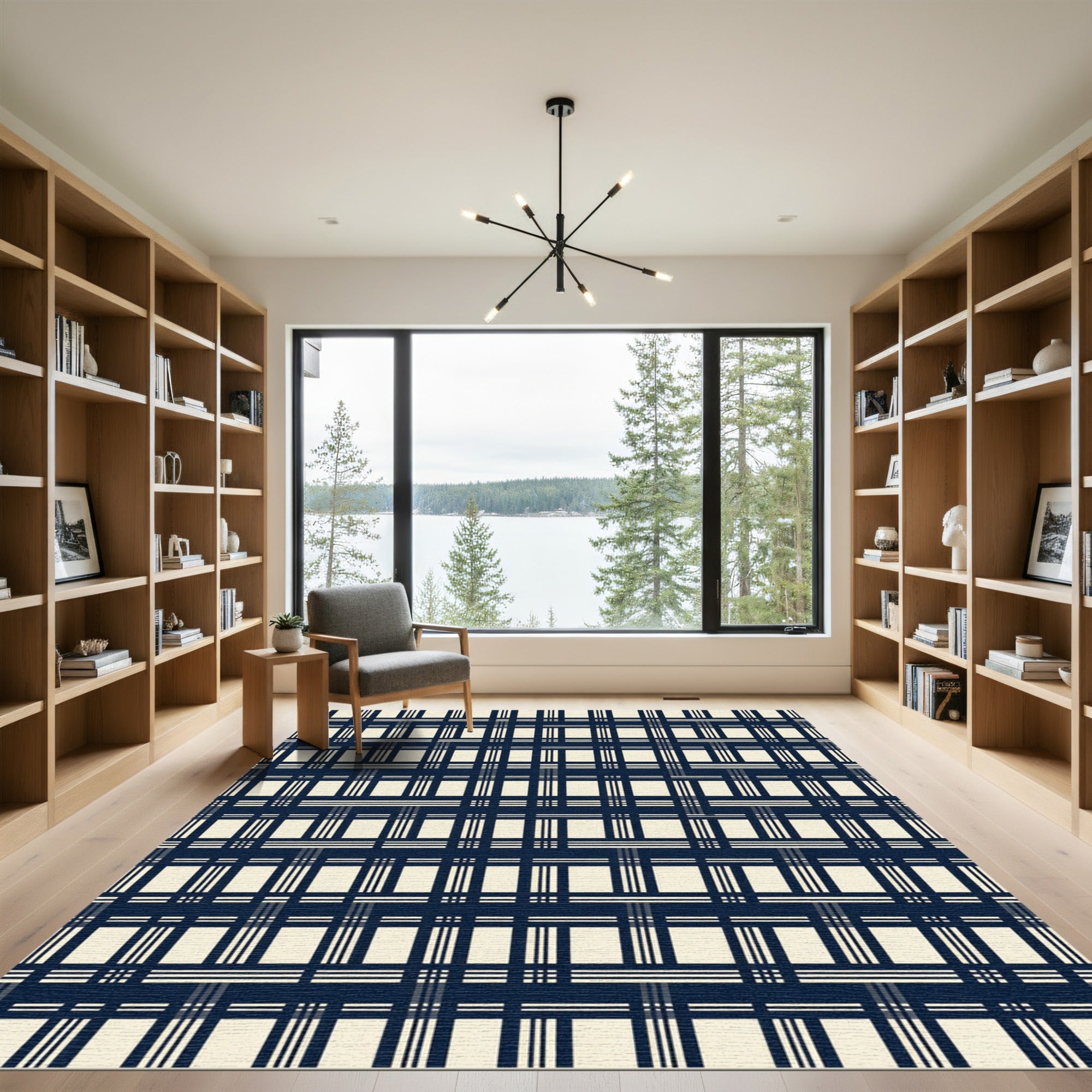Dark Navy Cream Grid Checkered Weave Rug