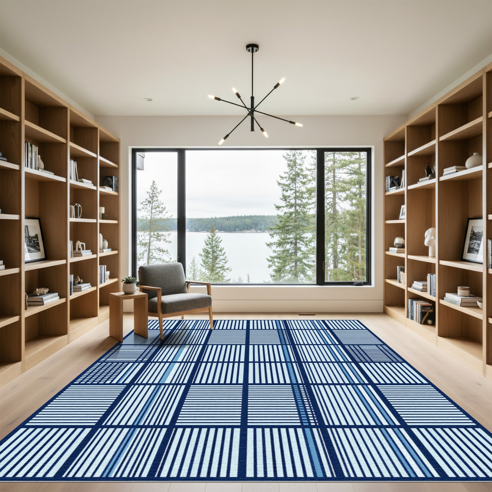 Indigo Grid Geometric Checkered Rug