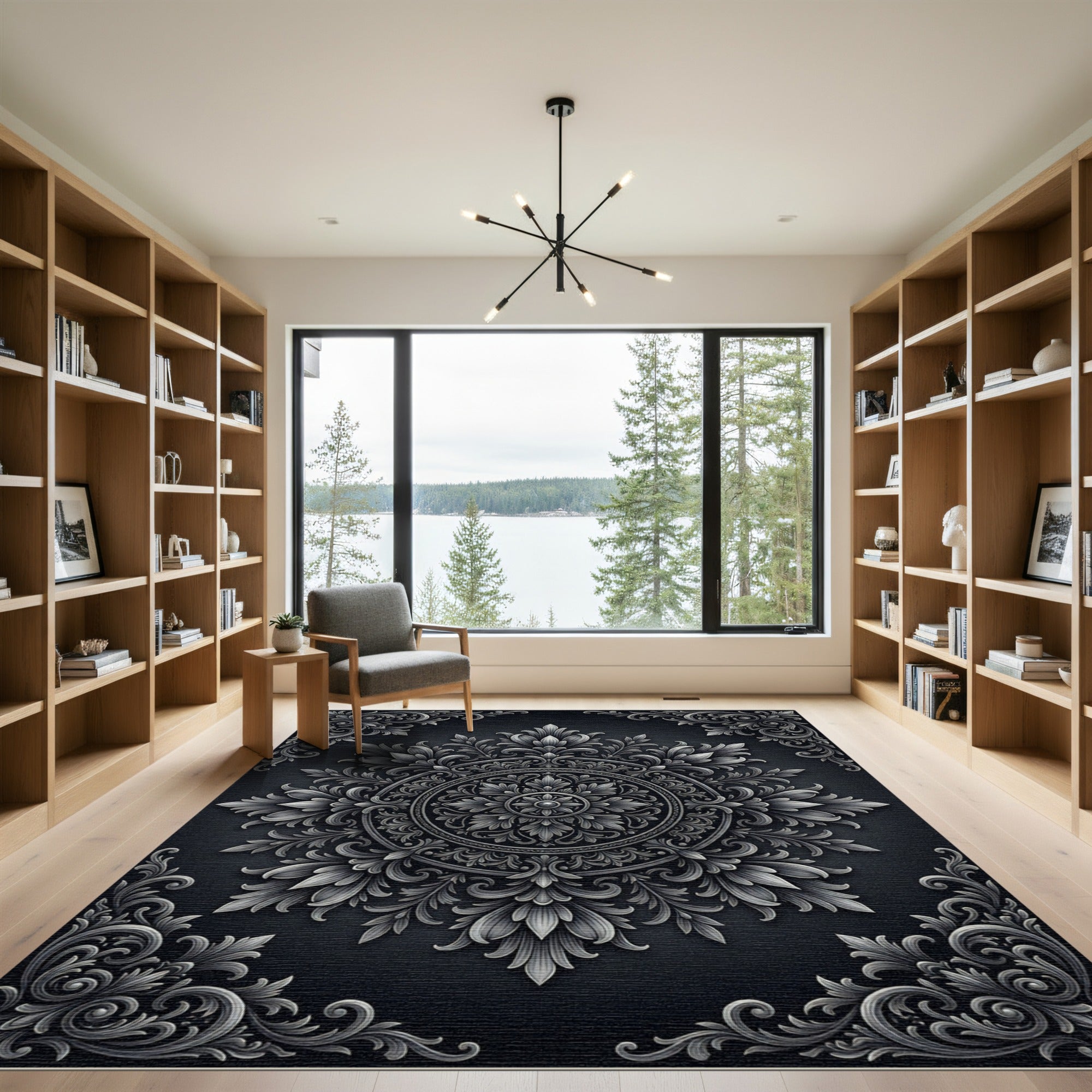 Ornate Scrollwork Mandala Gray Rug