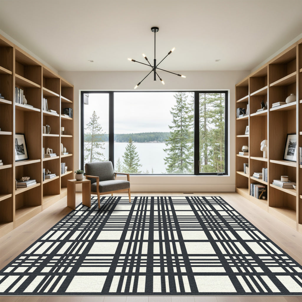 Classic Black and White Plaid Tartan Rug