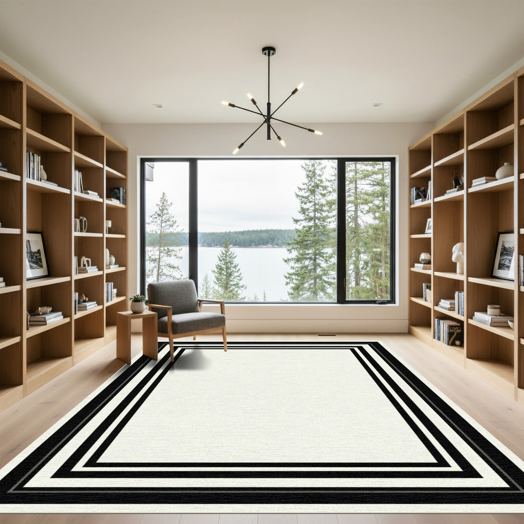 Modern Black and White Striped Border Rug