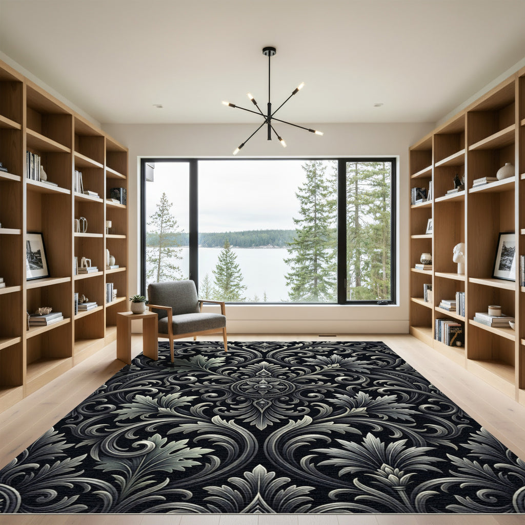 Ornate Silver Black Acanthus Scroll Rug