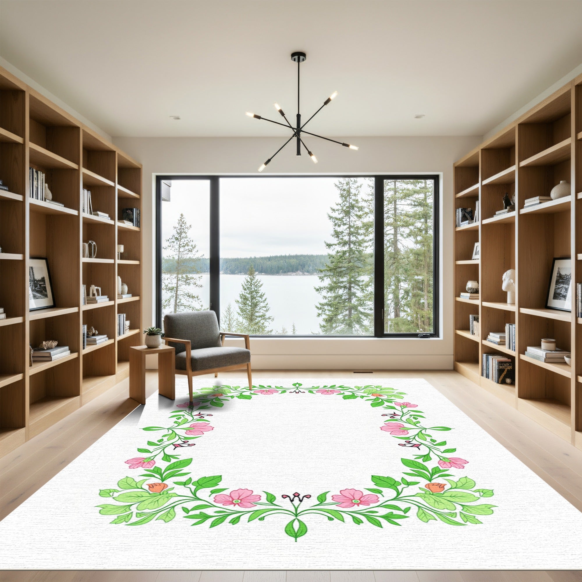 Pink Spring Floral Vine Border Rug