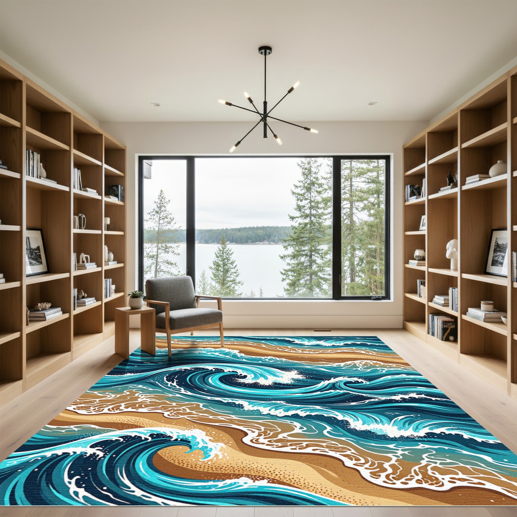 Abstract Azure Ocean Waves Rug