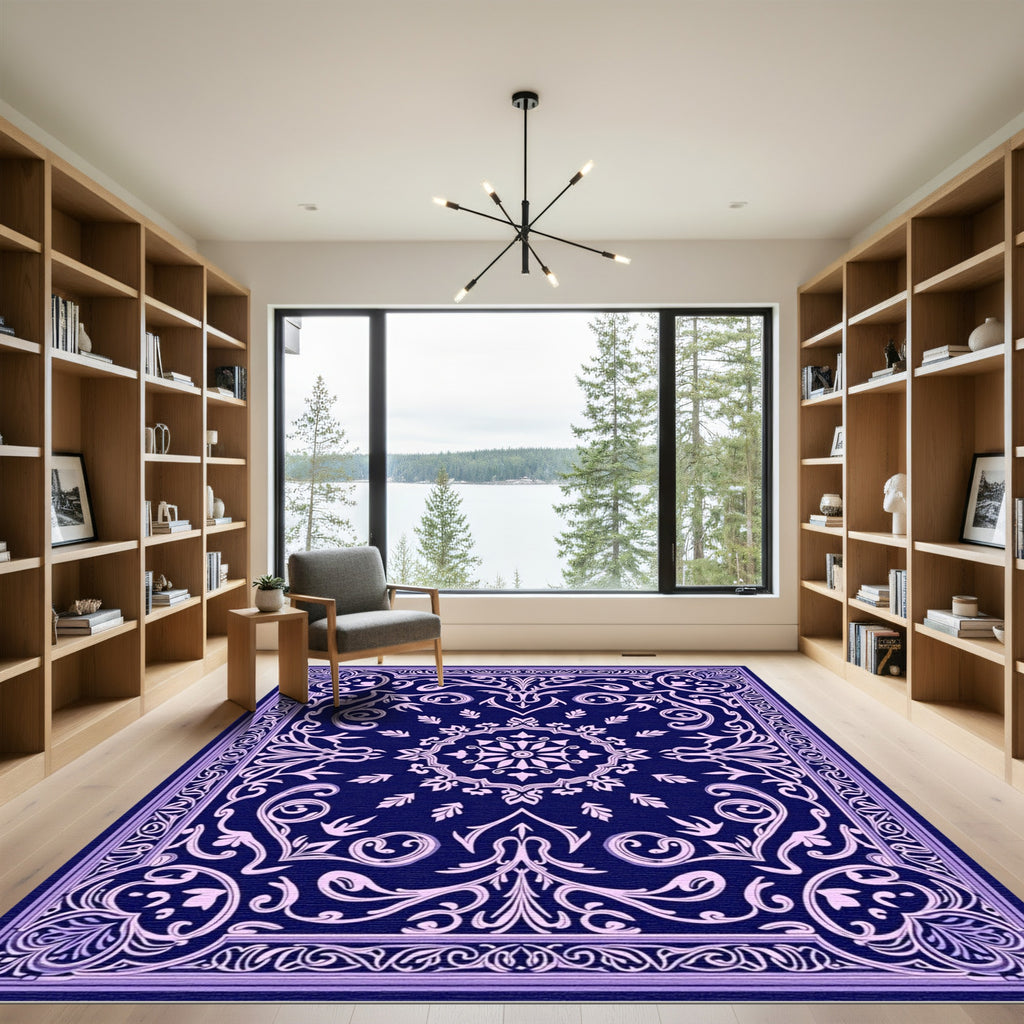 Deep Blue Floral Medallion Scrollwork Rug