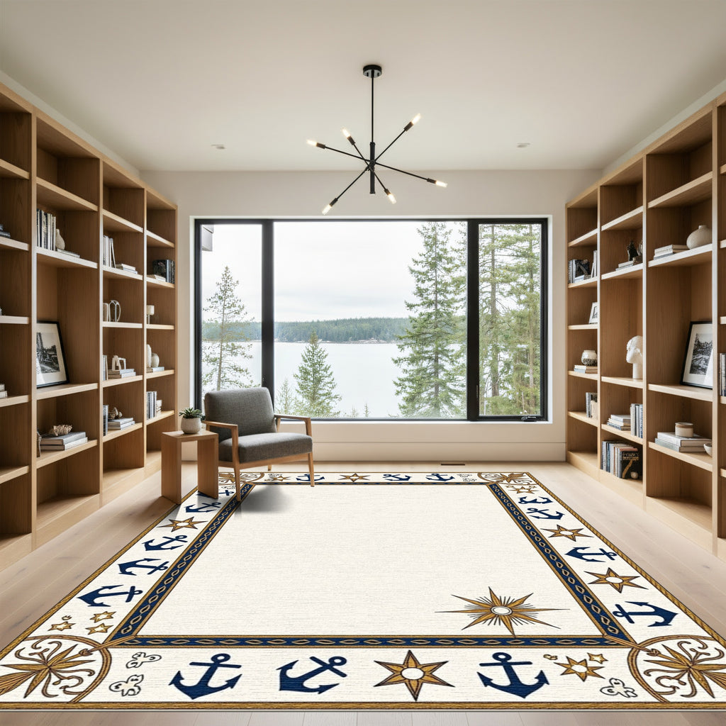Nautical Navy Anchor Star Border Rug
