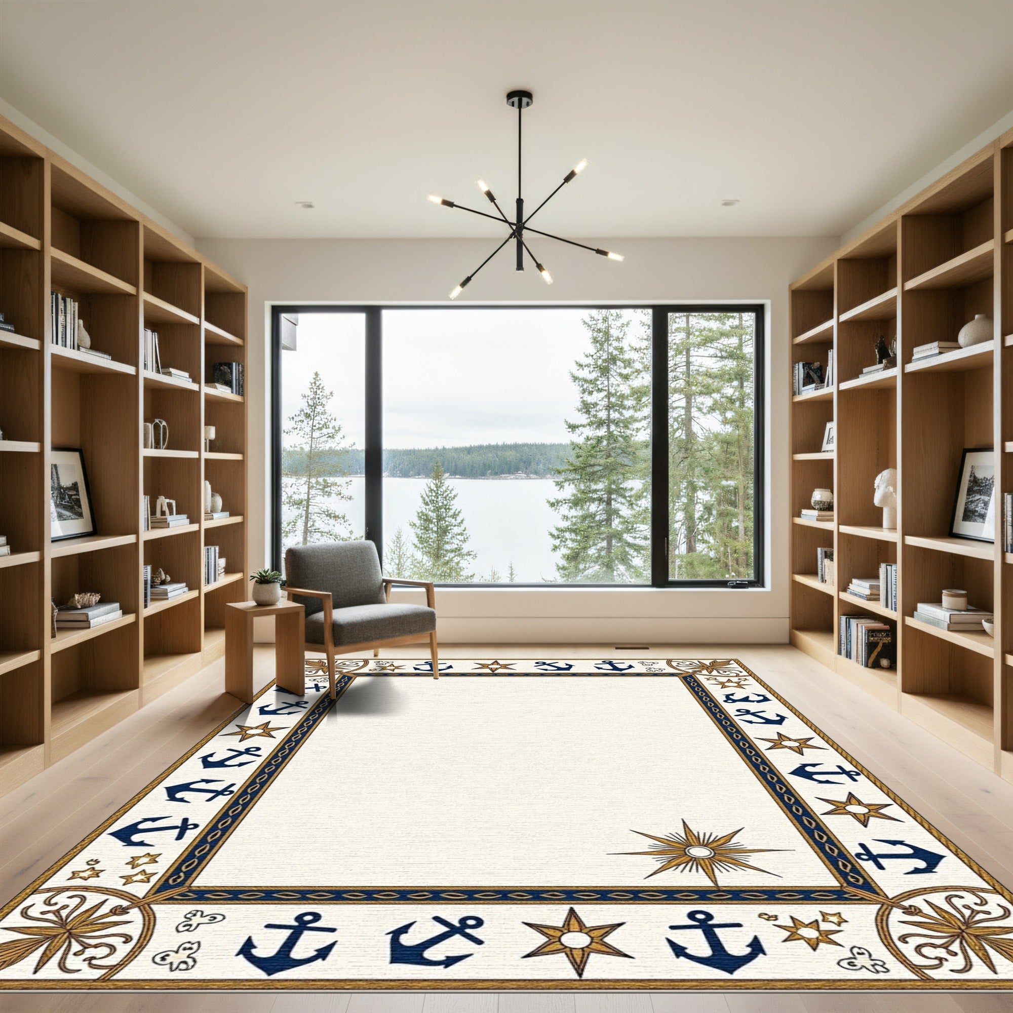 Nautical Navy Anchor Star Border Rug