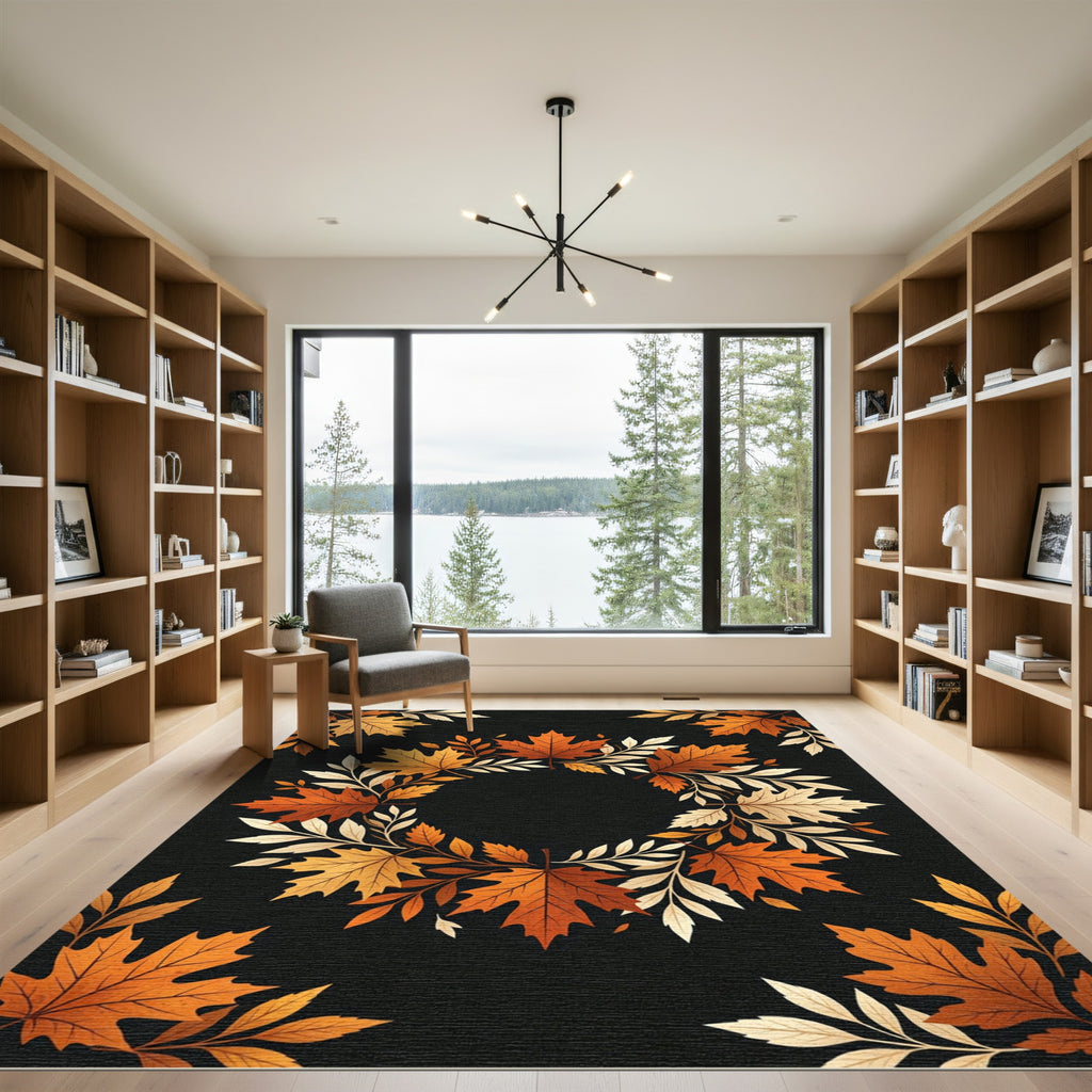 Autumn Maple Leaf Wreath Black Frame Rug