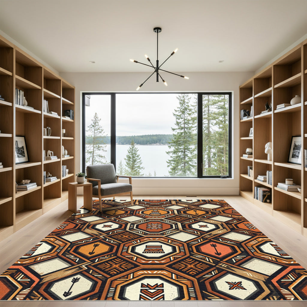 Rustic Ochre Geometric Tribal Pattern Rug