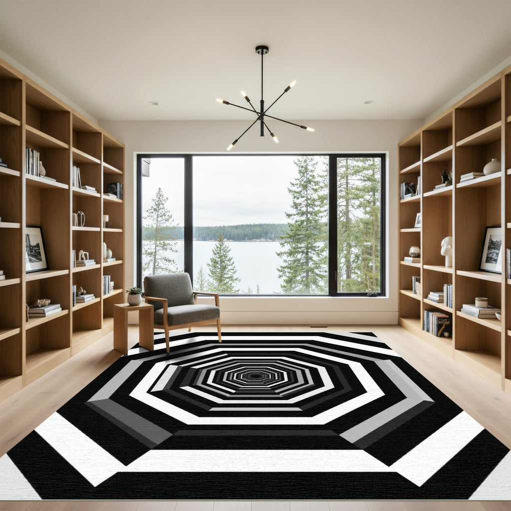 Monochrome Geometric Infinite Octagon Tunnel Rug