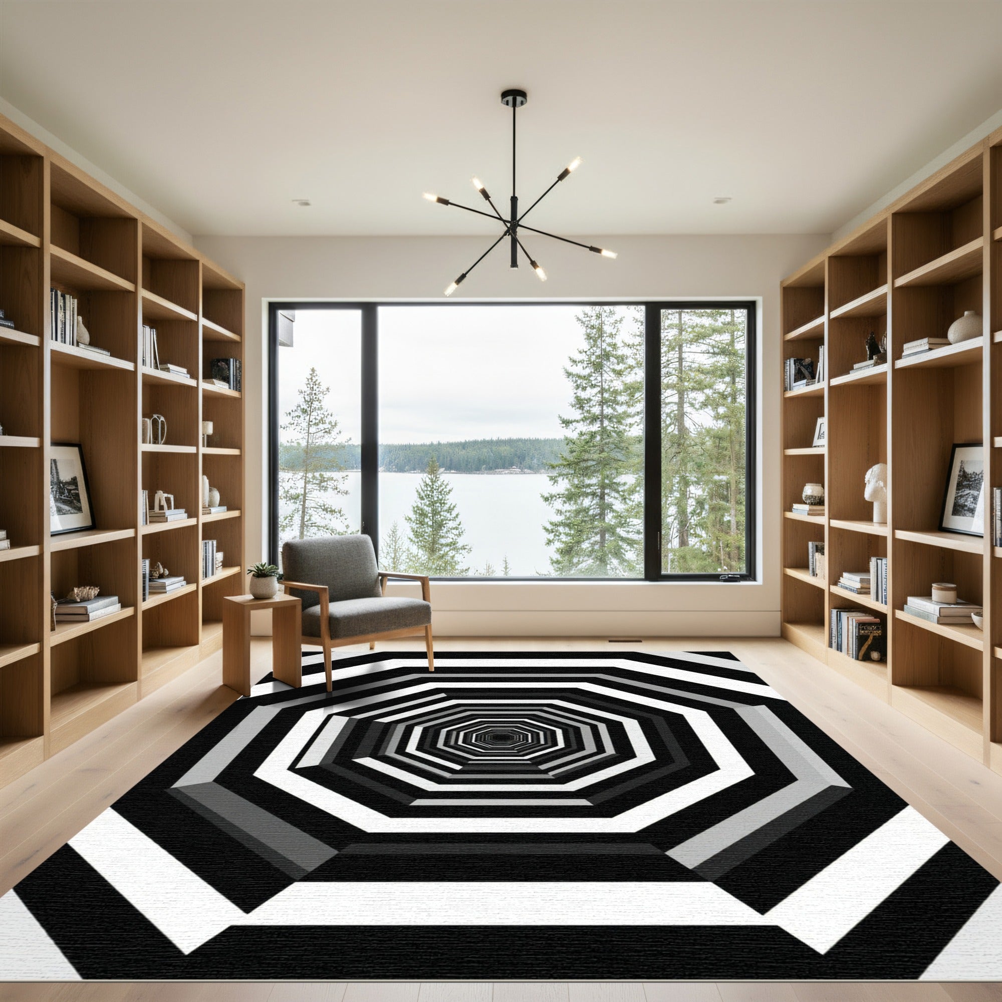 Monochrome Geometric Infinite Octagon Tunnel Rug