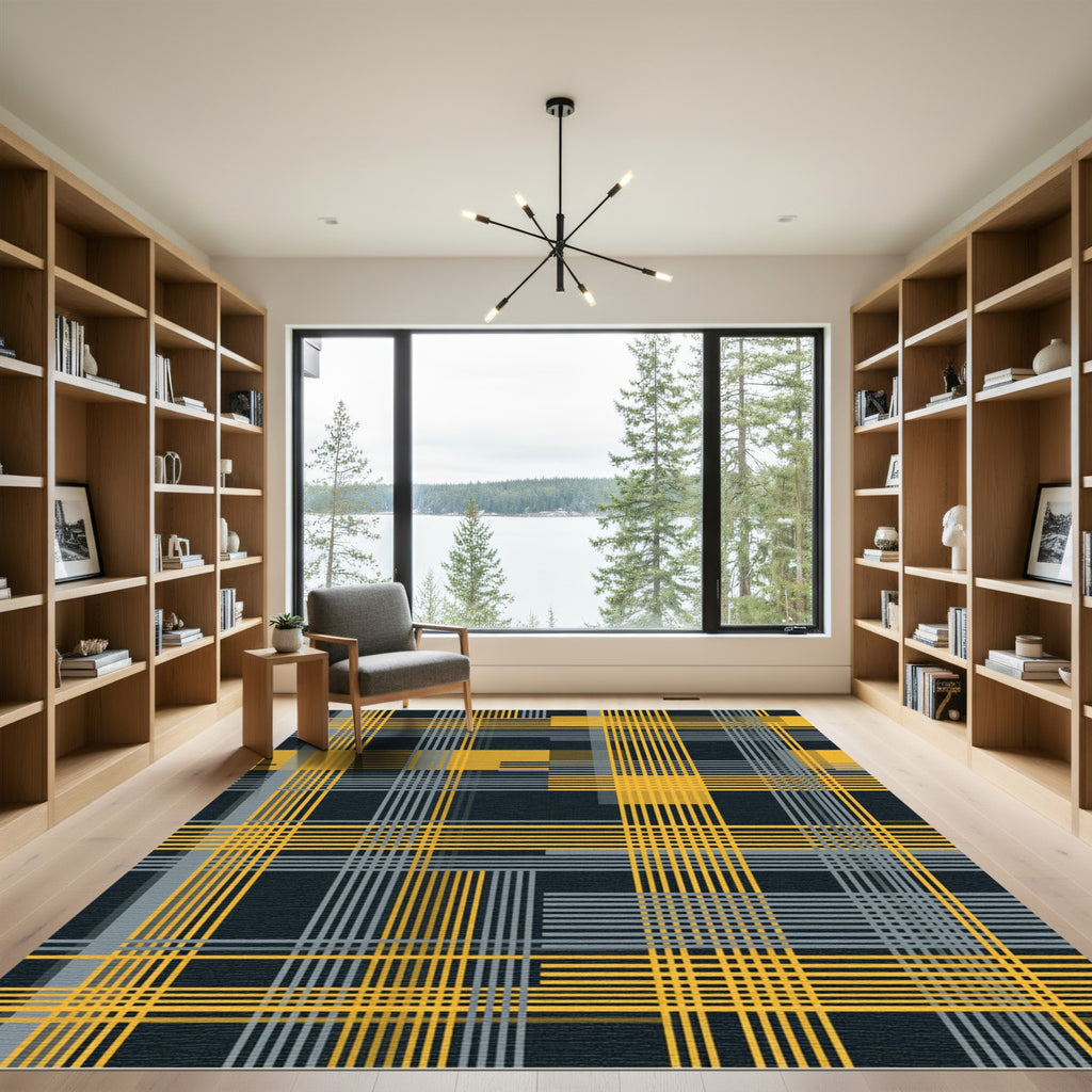 Golden Yellow Gray Plaid Intersecting Lines Rug