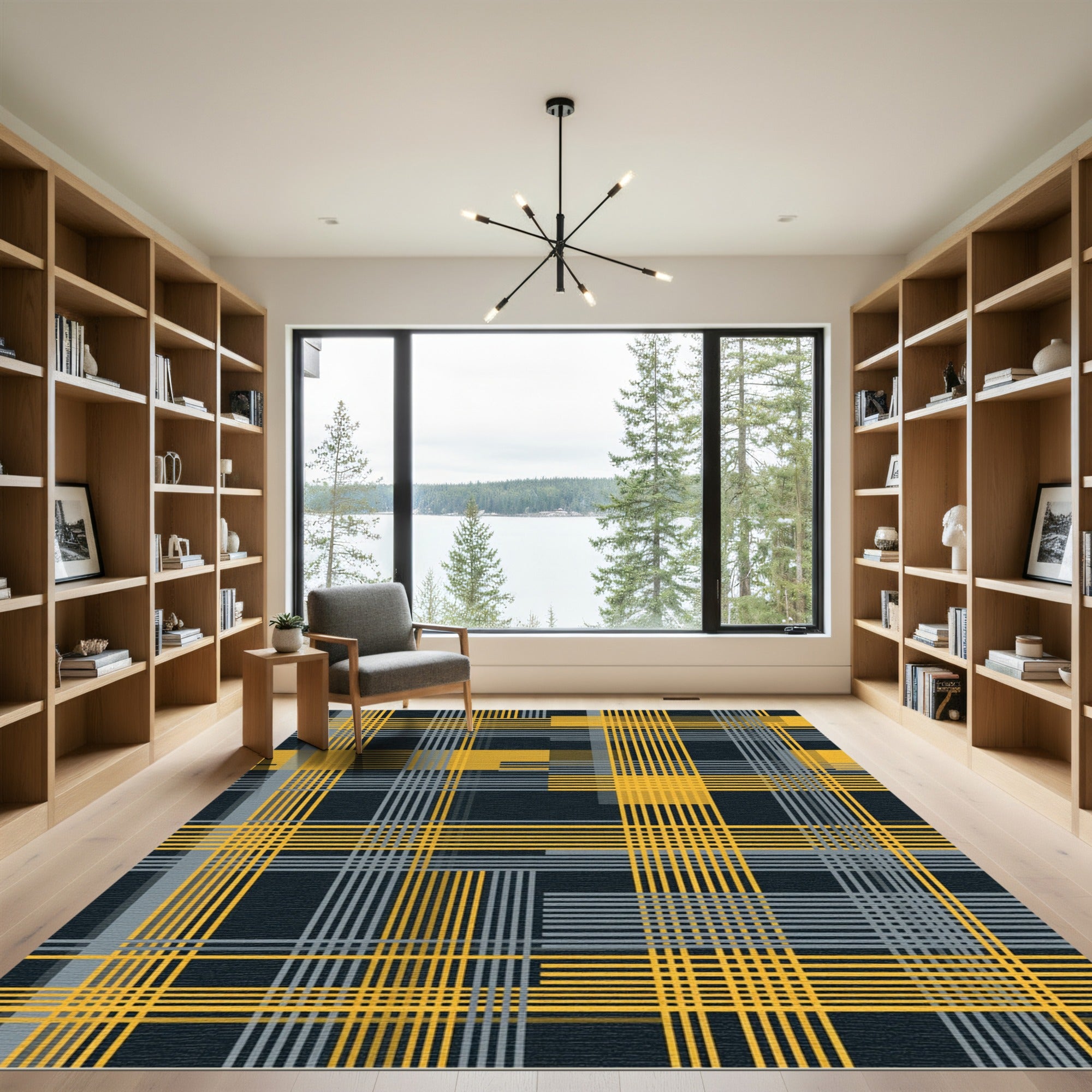 Golden Yellow Gray Plaid Intersecting Lines Rug