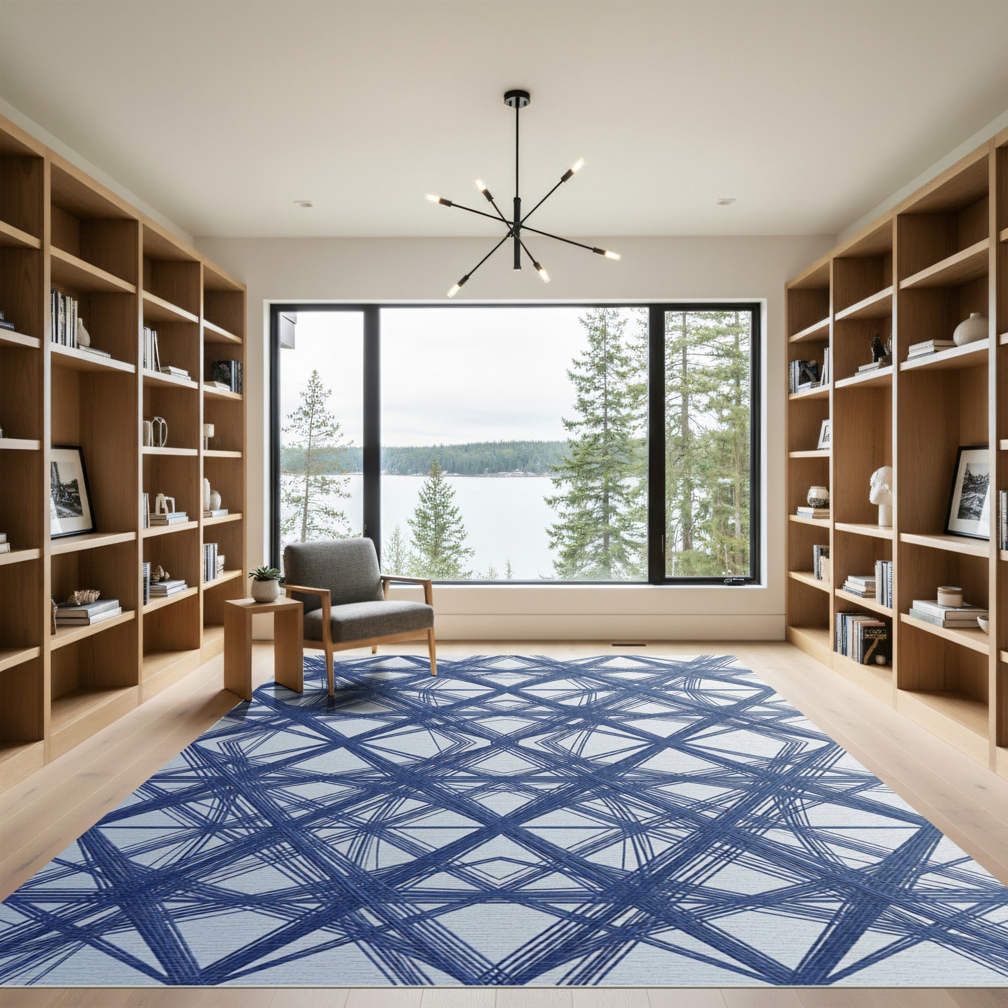 Deep Blue Intersecting Geometric Lattice Rug