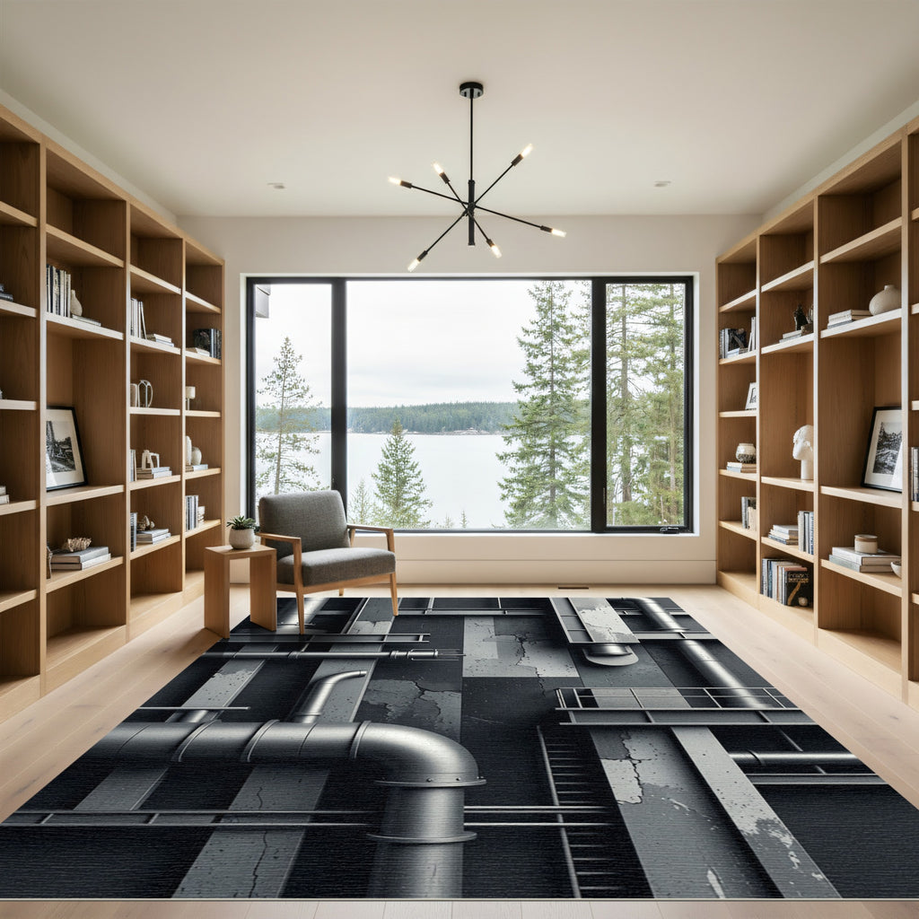 Industrial Monochrome Steel Pipe Grid Rug