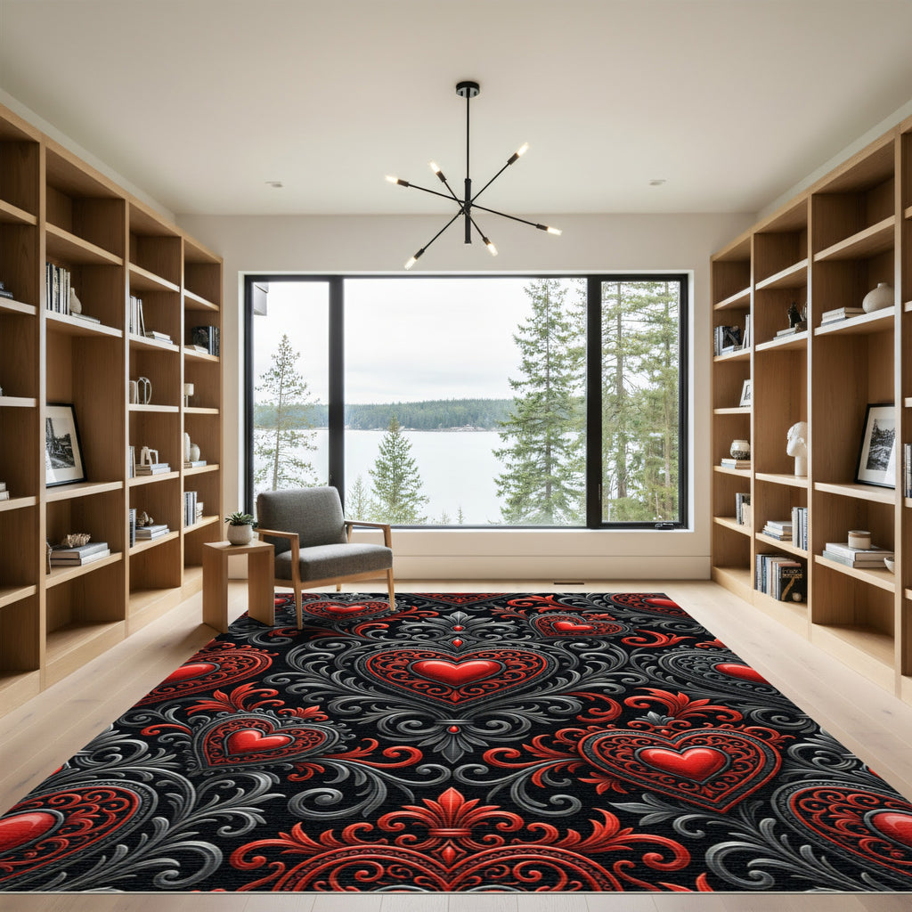 Ornate Red Heart Filigree Medallion Rug