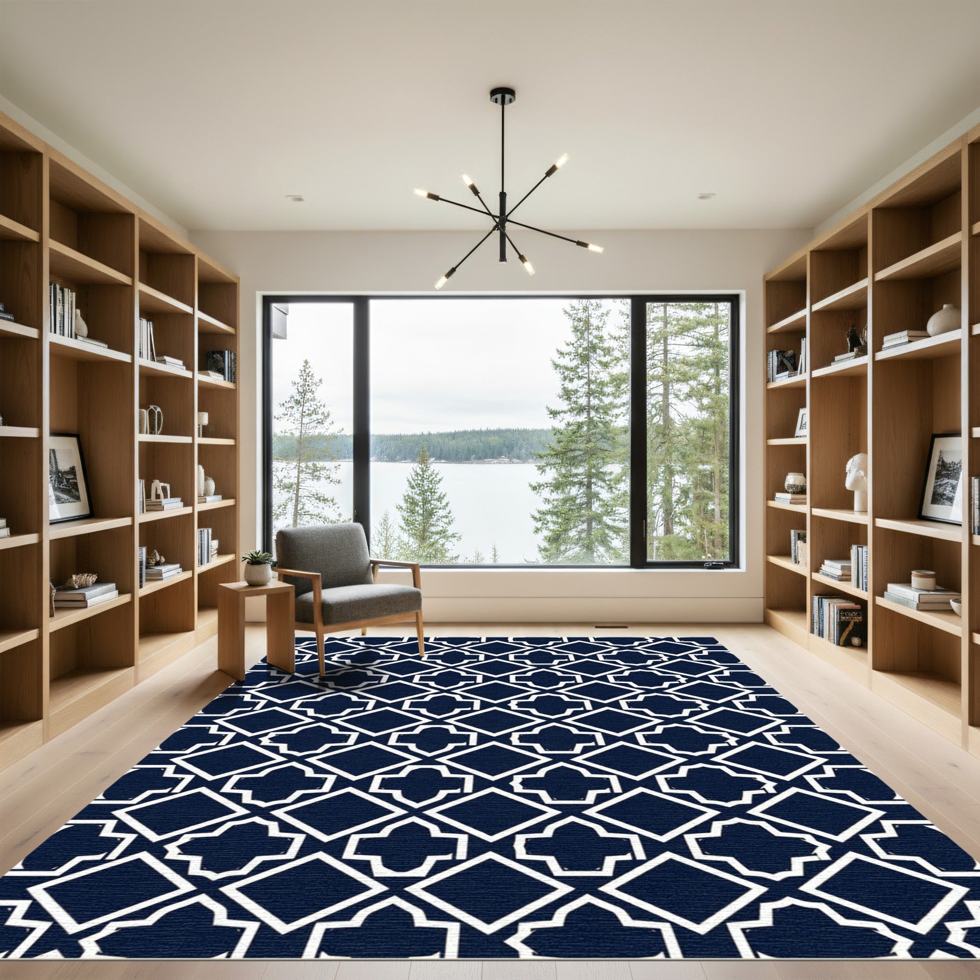 Navy White Geometric Diamond Tile Rug