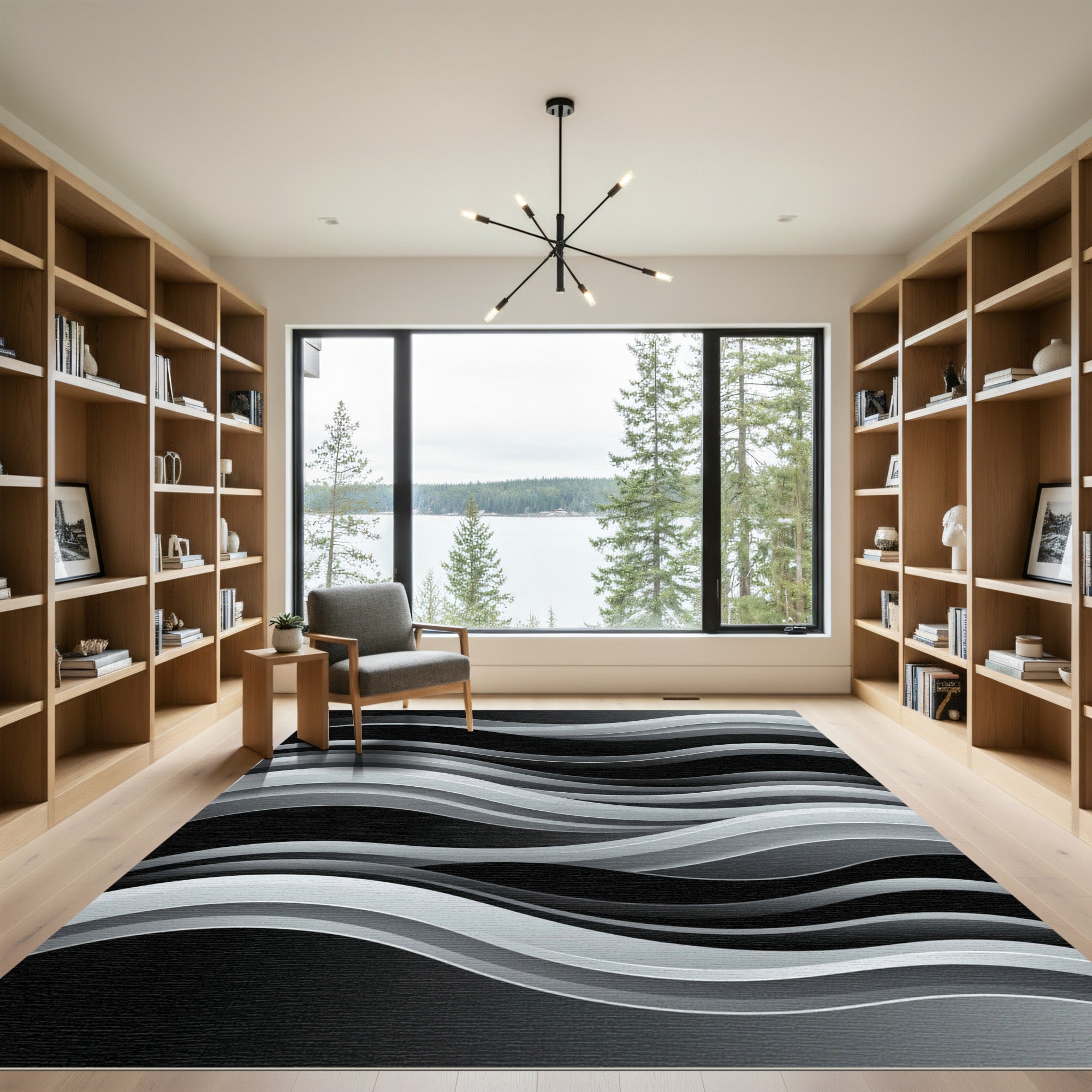 Modern Monochrome Flowing Abstract Waves Rug