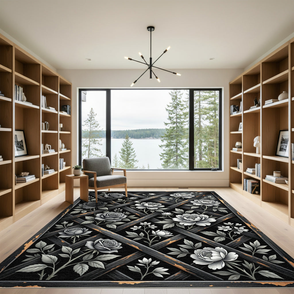 Monochrome Rose Lattice Floral Rug
