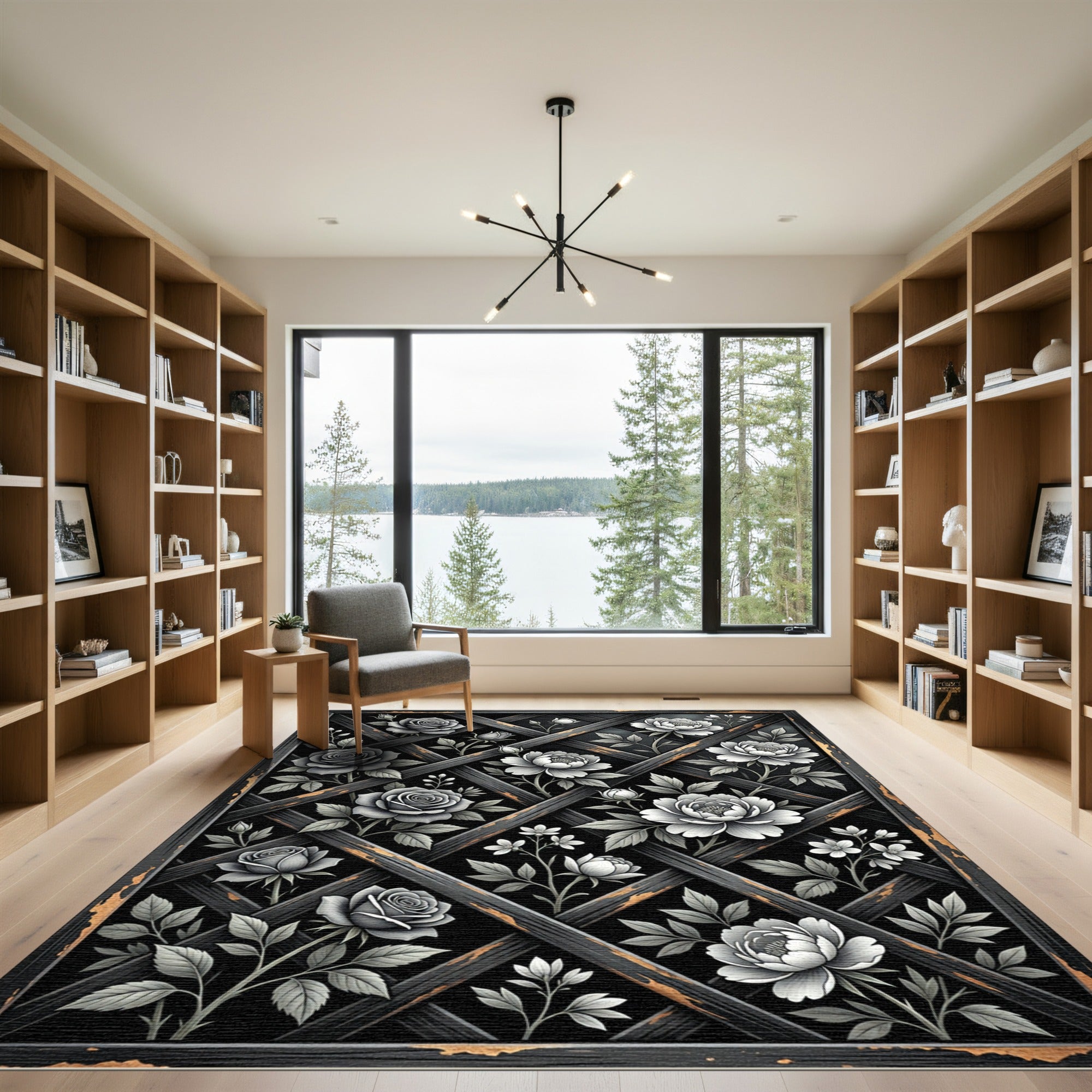 Monochrome Rose Lattice Floral Rug