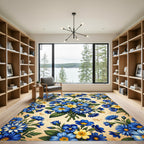 Vibrant Blue Yellow Floral Bouquet Collage Rug