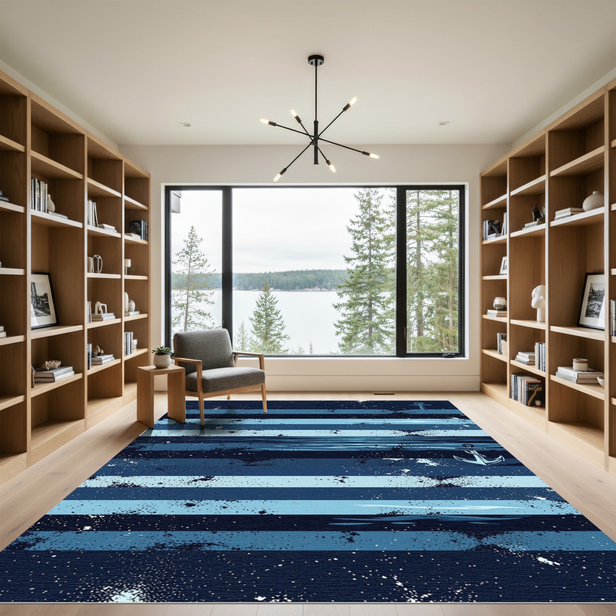 Nautical Navy Anchor Striped Sea Rug