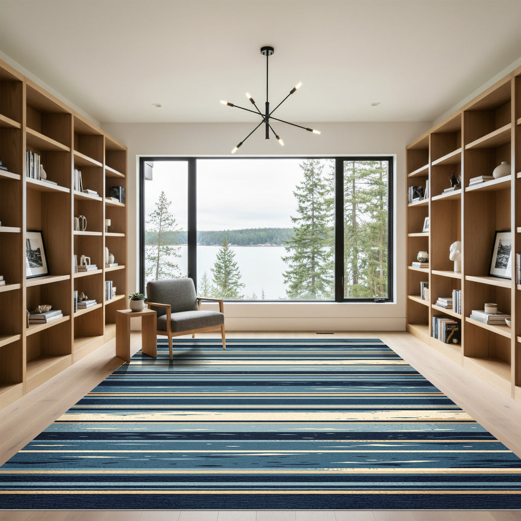 Modern Navy and Gold Horizontal Stripe Rug