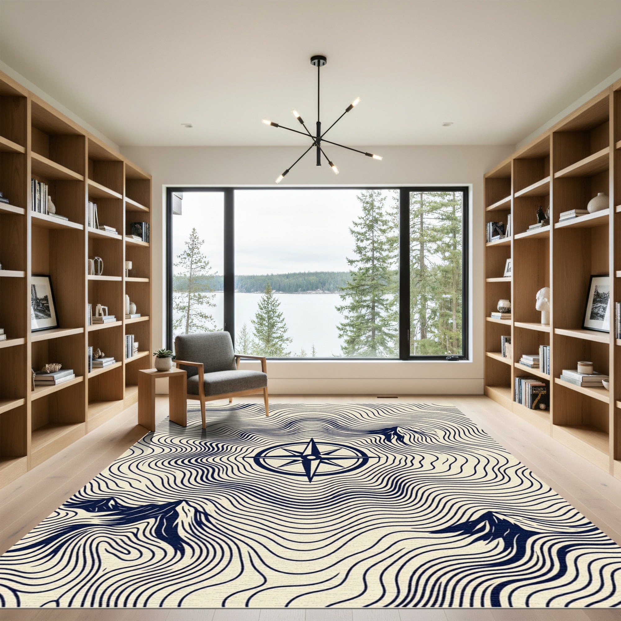 Minimalist Navy Compass Mountain Topographic Rug