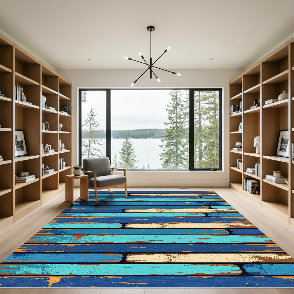 Distressed Coastal Blue Striped Plank Rug