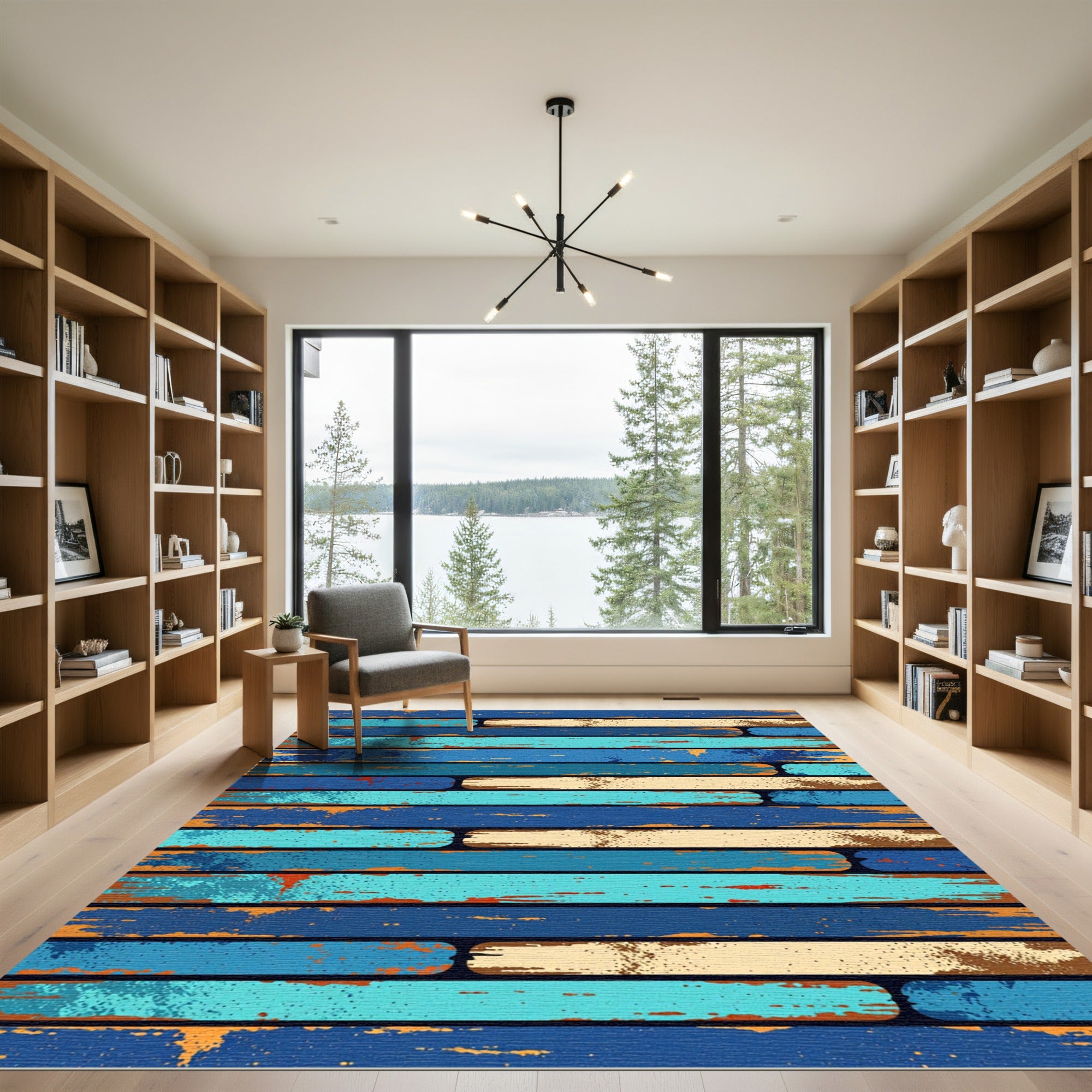 Distressed Coastal Blue Striped Plank Rug