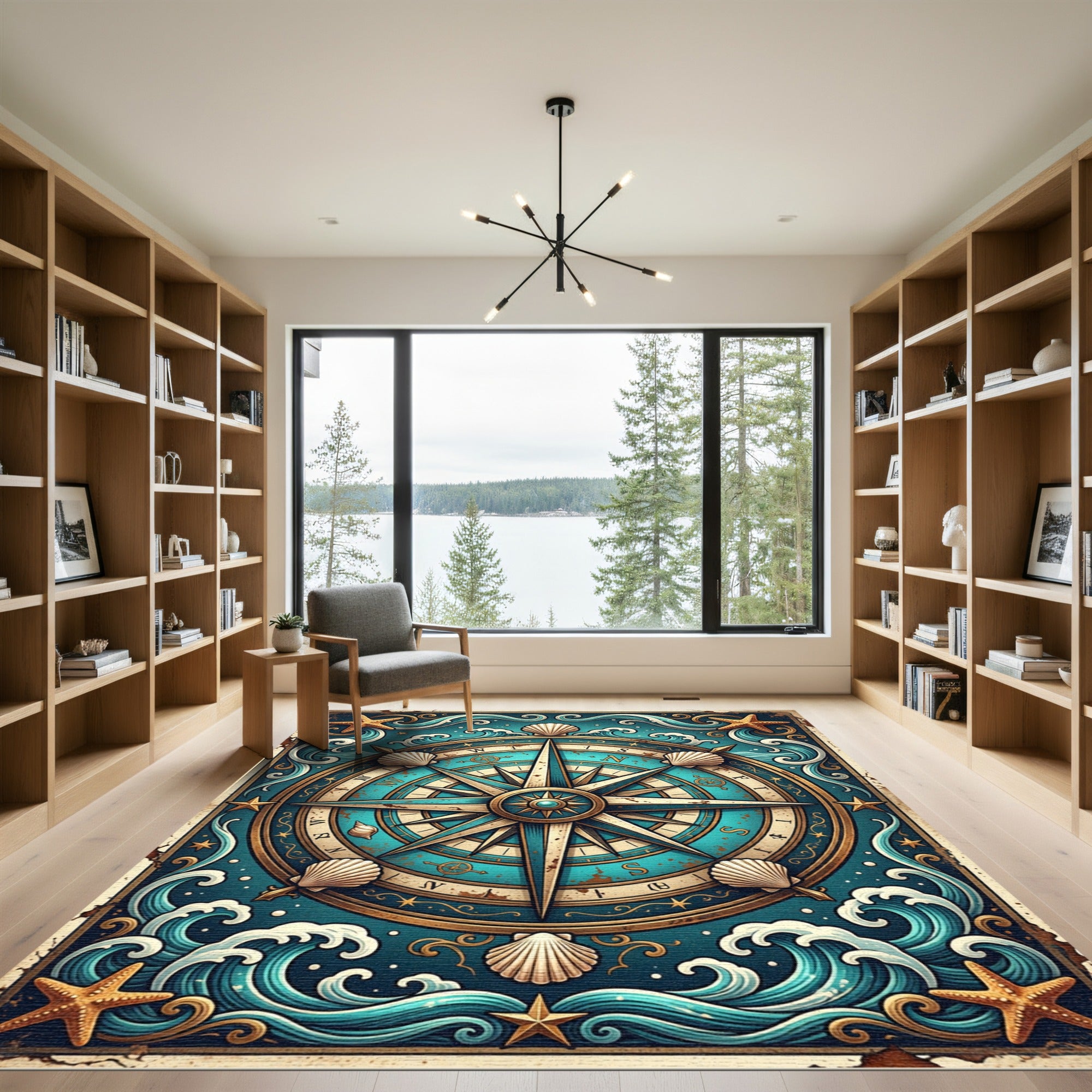 Nautical Compass Seashell Wave Art Rug