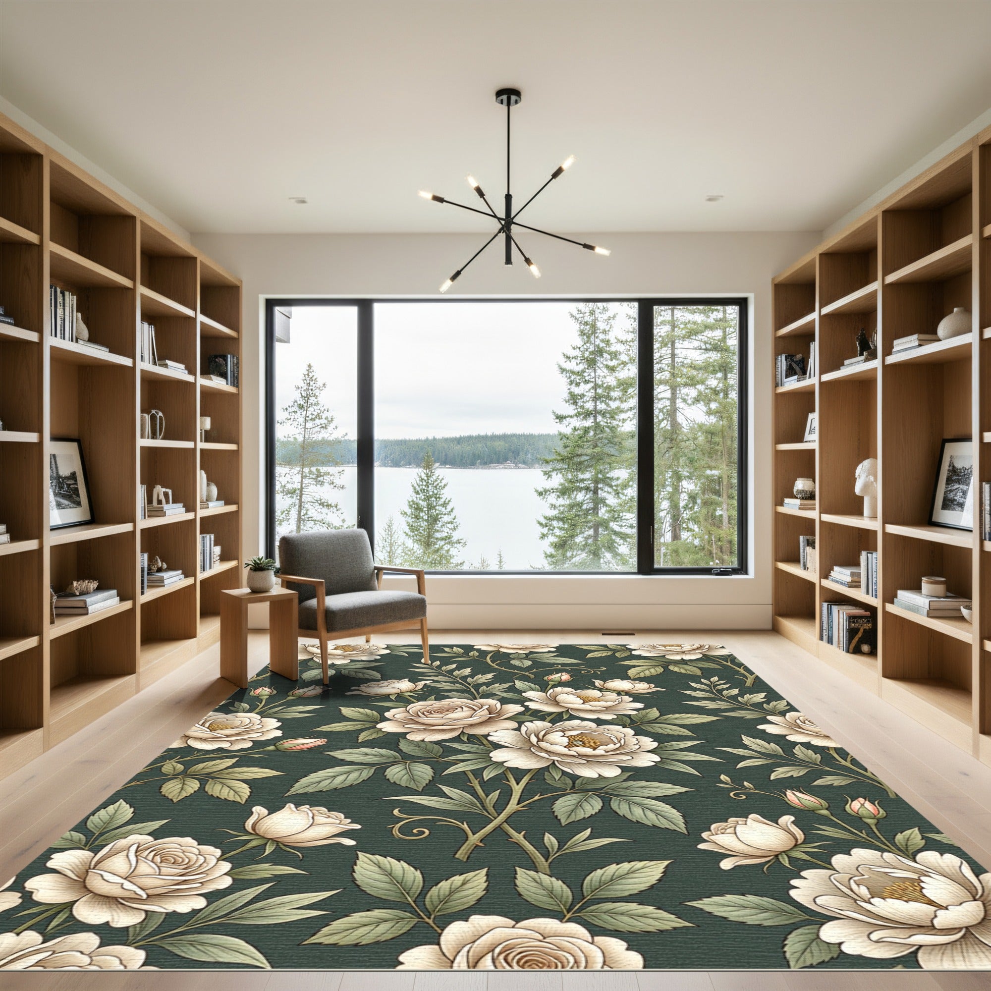 Vintage Cream Rose Floral Dark Green Rug
