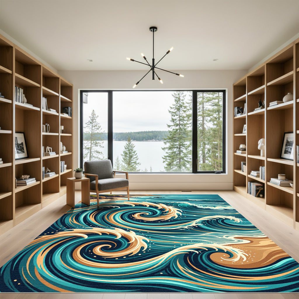 Coastal Blue Gold Swirling Wave Rug
