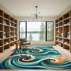 Coastal Blue Gold Swirling Wave Rug