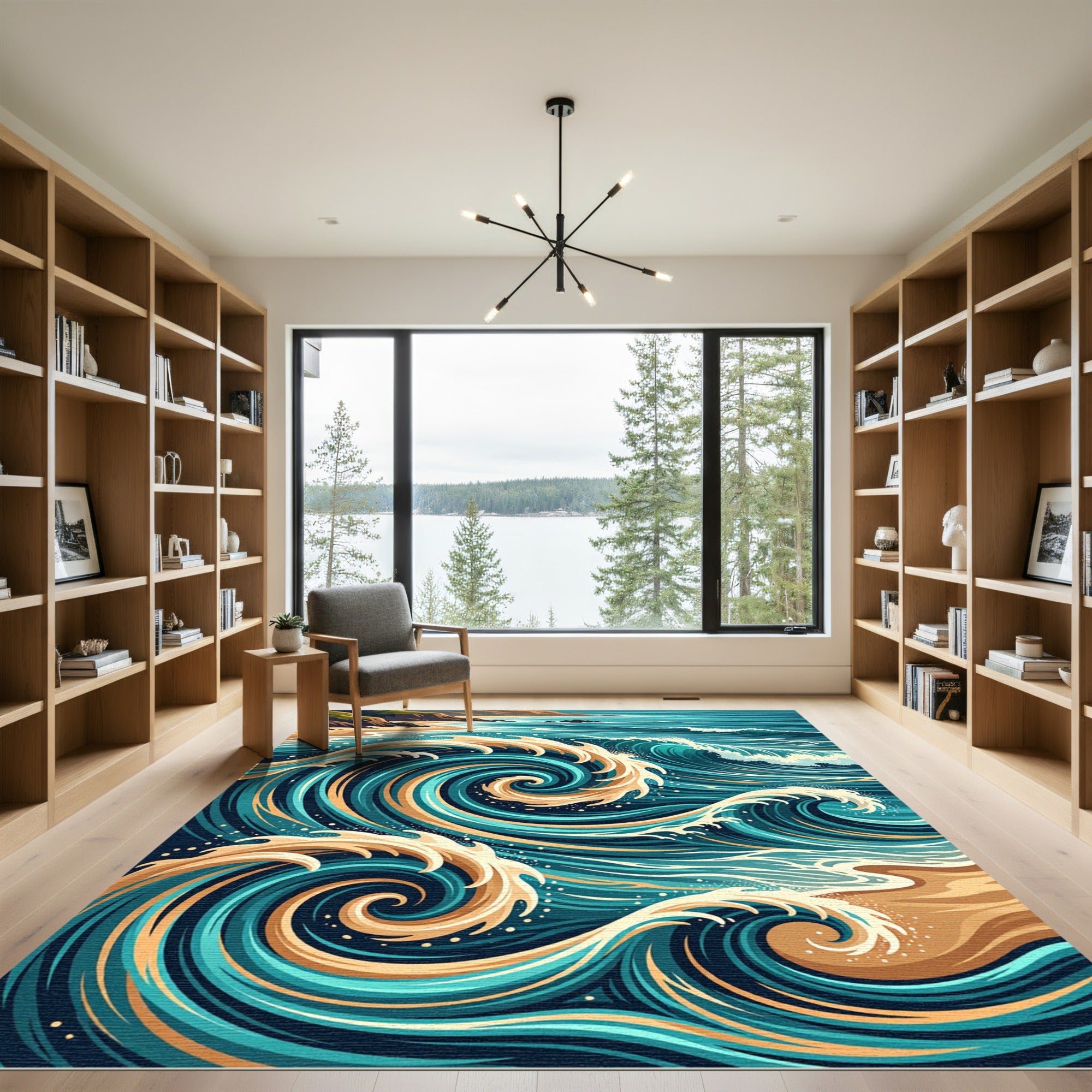 Coastal Blue Gold Swirling Wave Rug