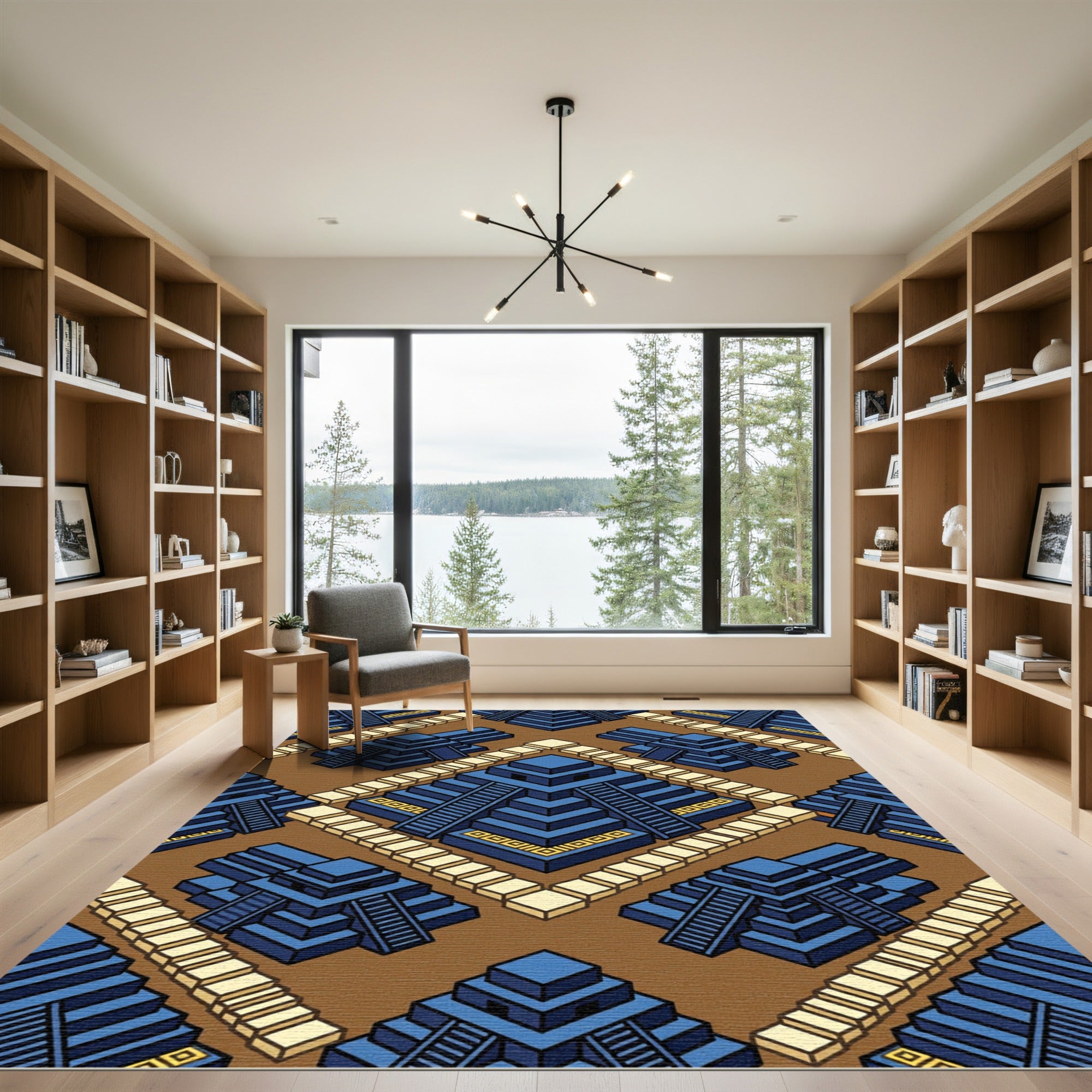 Geometric Azure Step Pyramid Tiles Rug