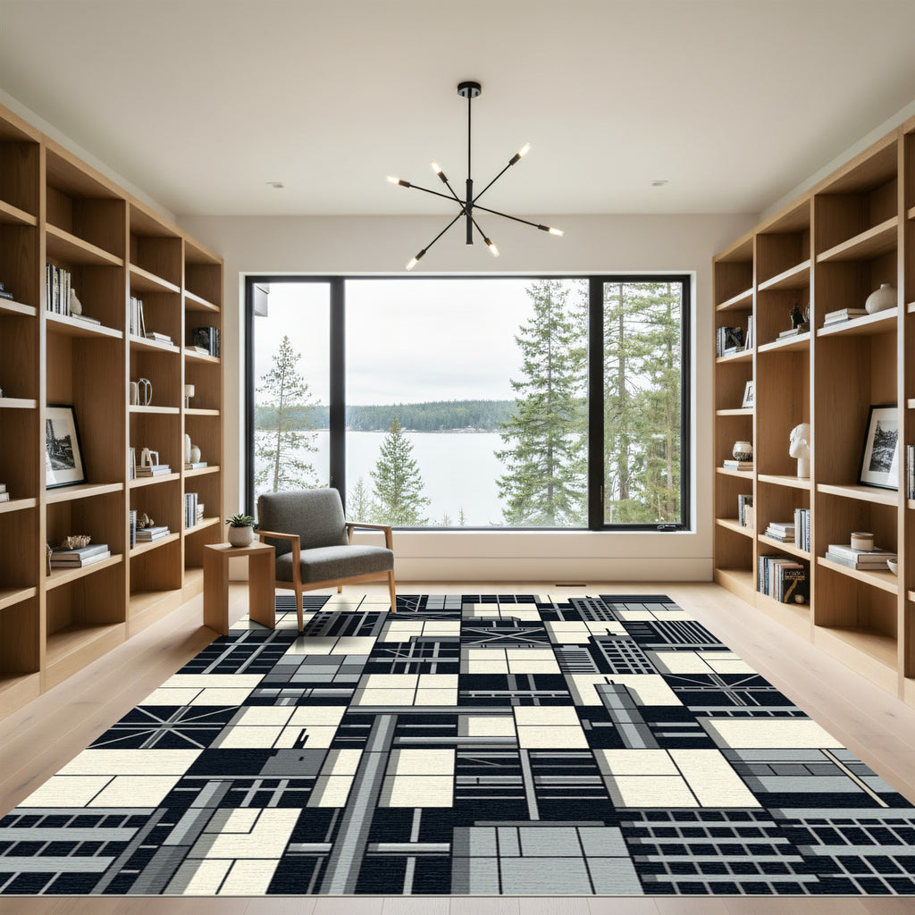 Monochromatic Cityscape Geometric Blocks Rug