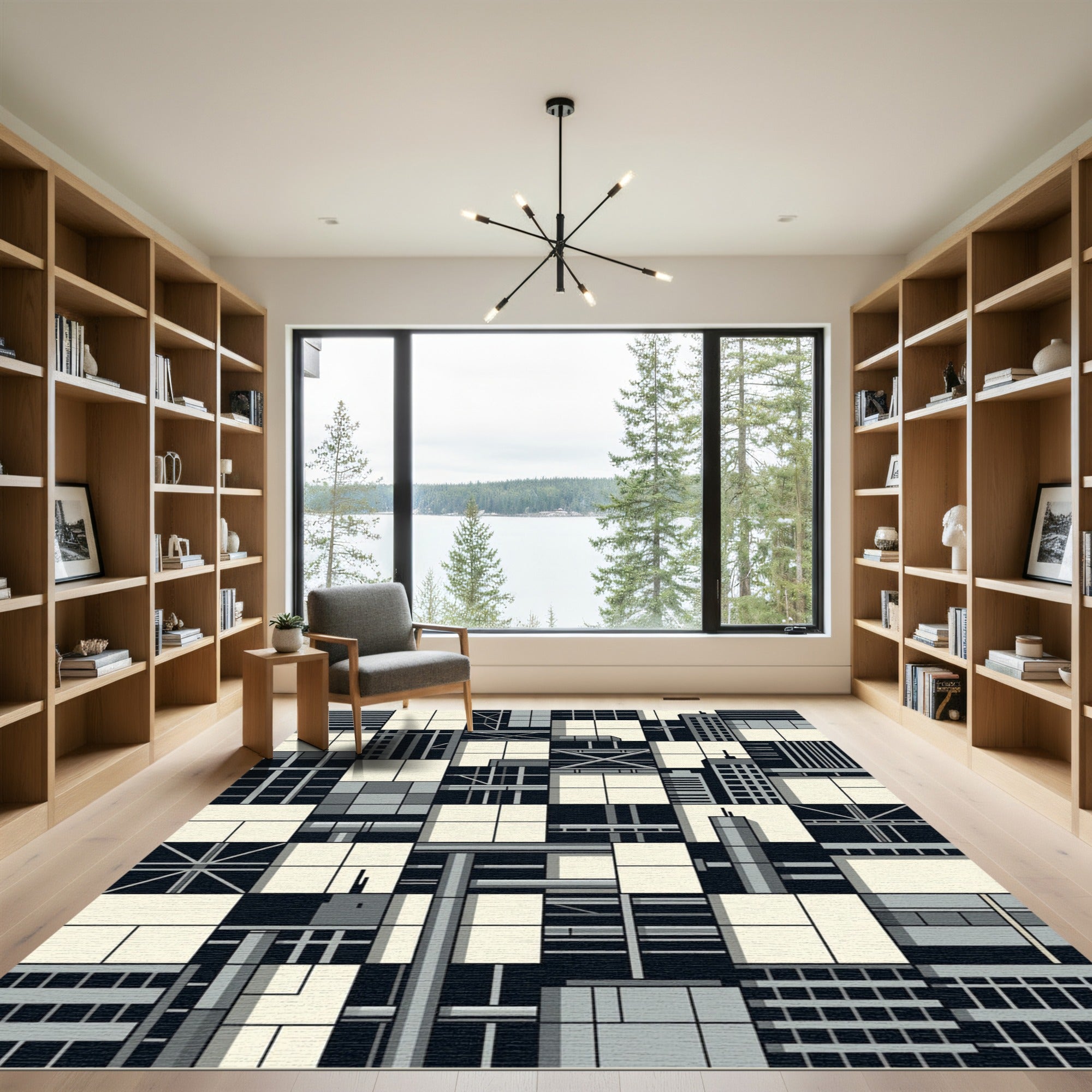 Monochromatic Cityscape Geometric Blocks Rug