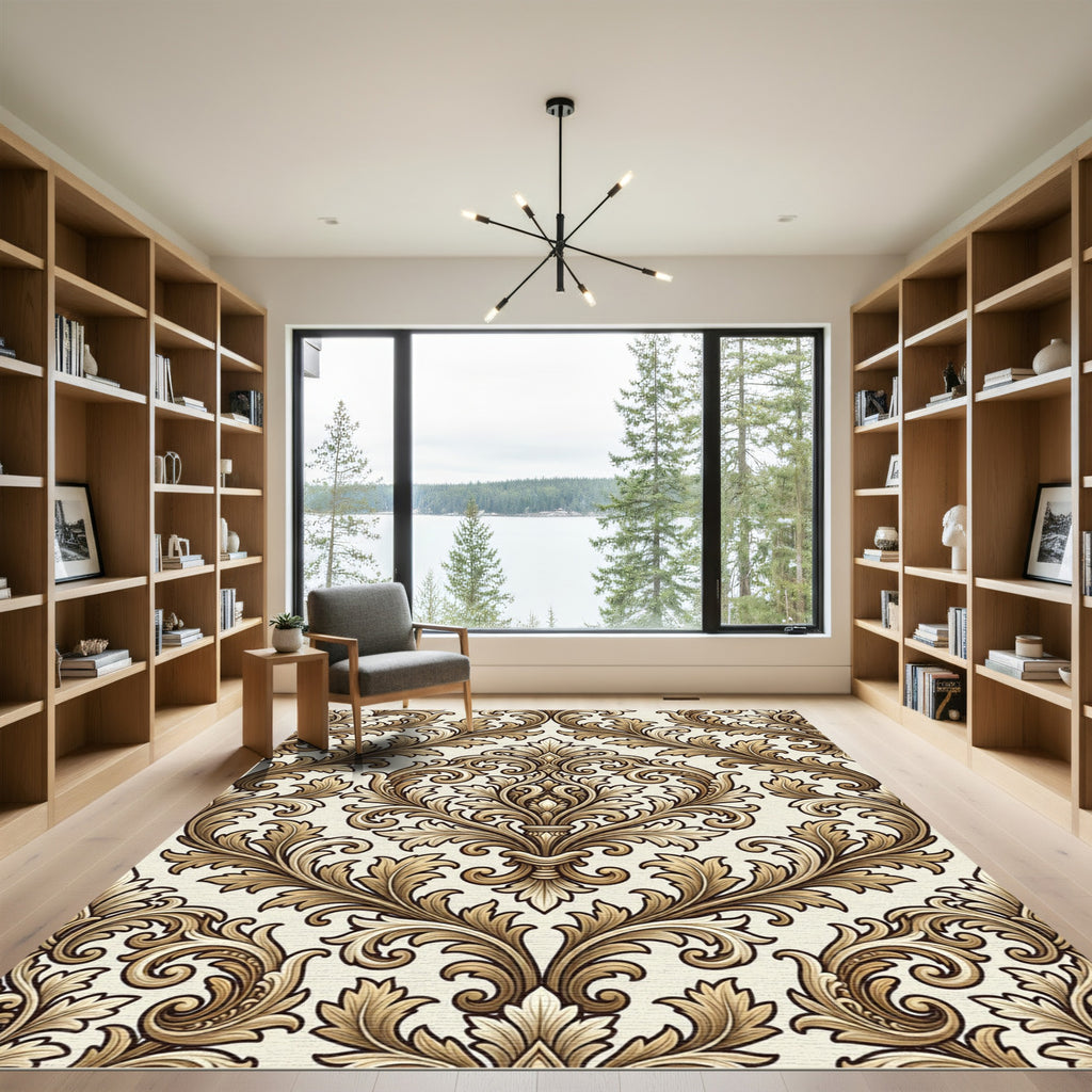 Elegant Gold Damask Acanthus Scroll Rug