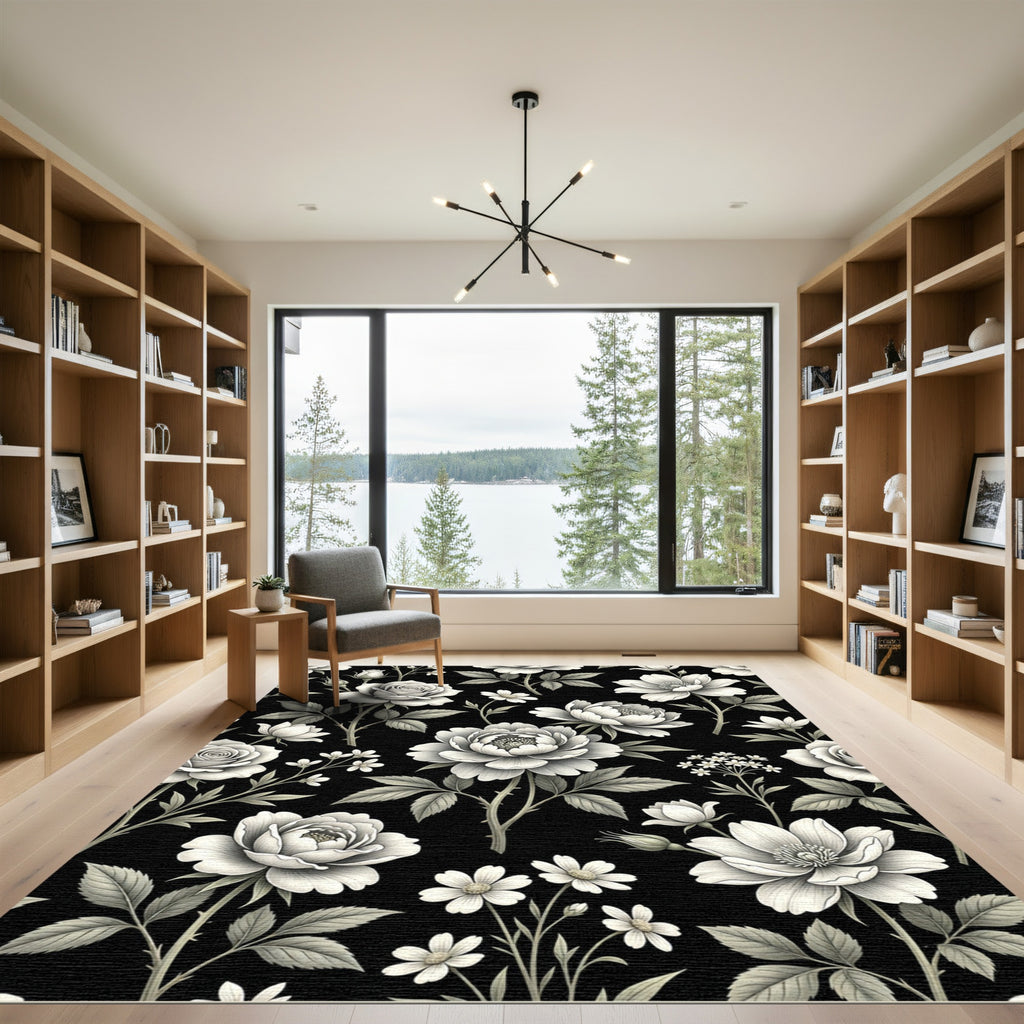 Monochrome Botanical Floral Black Backdrop Rug